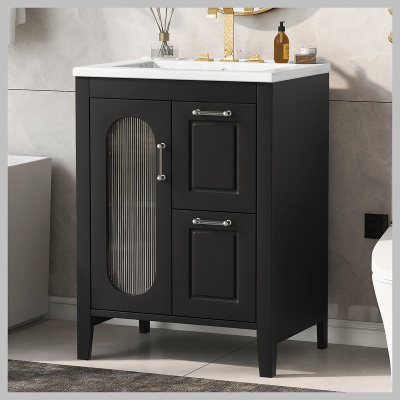Meuble-lavabo 24 po avec lavabo, meuble-lavabo avec deux tiroirs et porte, tablette réglable, bois massif et panneau de fibres à densité moyenne, noir
