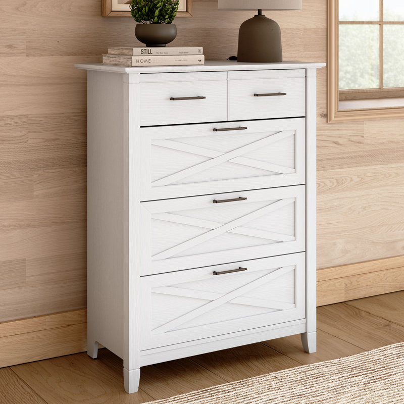 Commode 4 tiroirs, style campagnard, grande armoire de rangement, chêne blanc pur, White