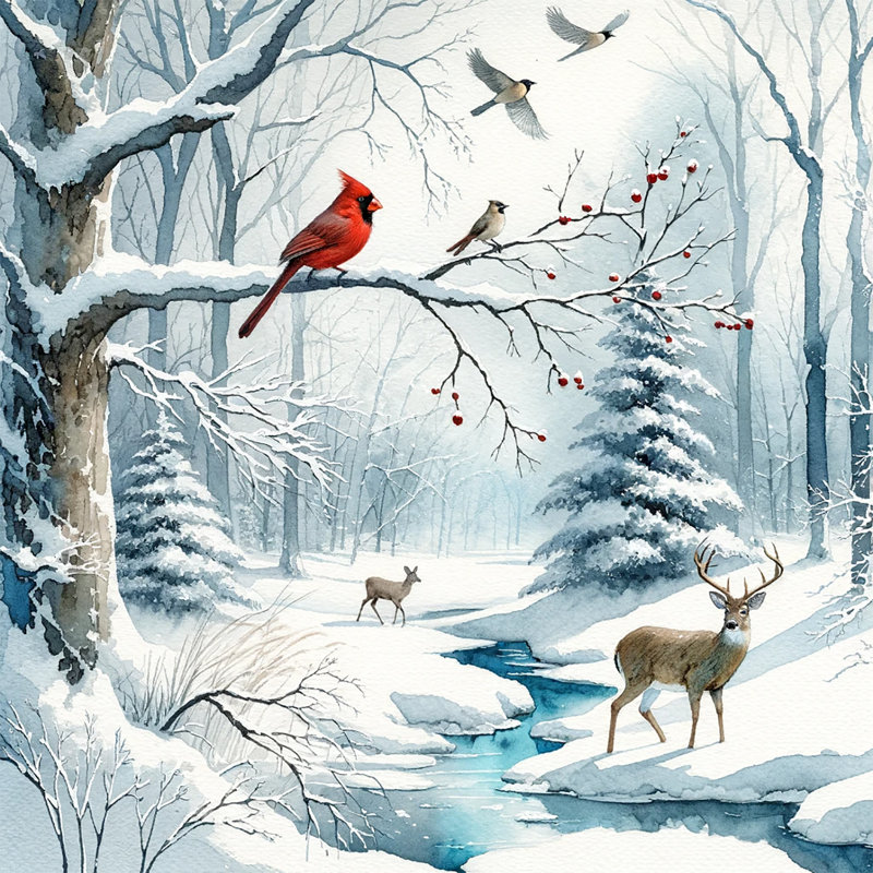 «Whispering Pines: Winter Wildlife And Cardinal Streamside», reproduction sur toile, H 20 po x l 20 po x P 1,5 po