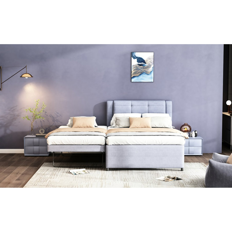 Lit double gris avec lit gigogne. Bois de pin + cadre. Tête de lit incluse. Aucun sommier tapissier requis pour faciliter l'installation du lit gigogne - construction solide