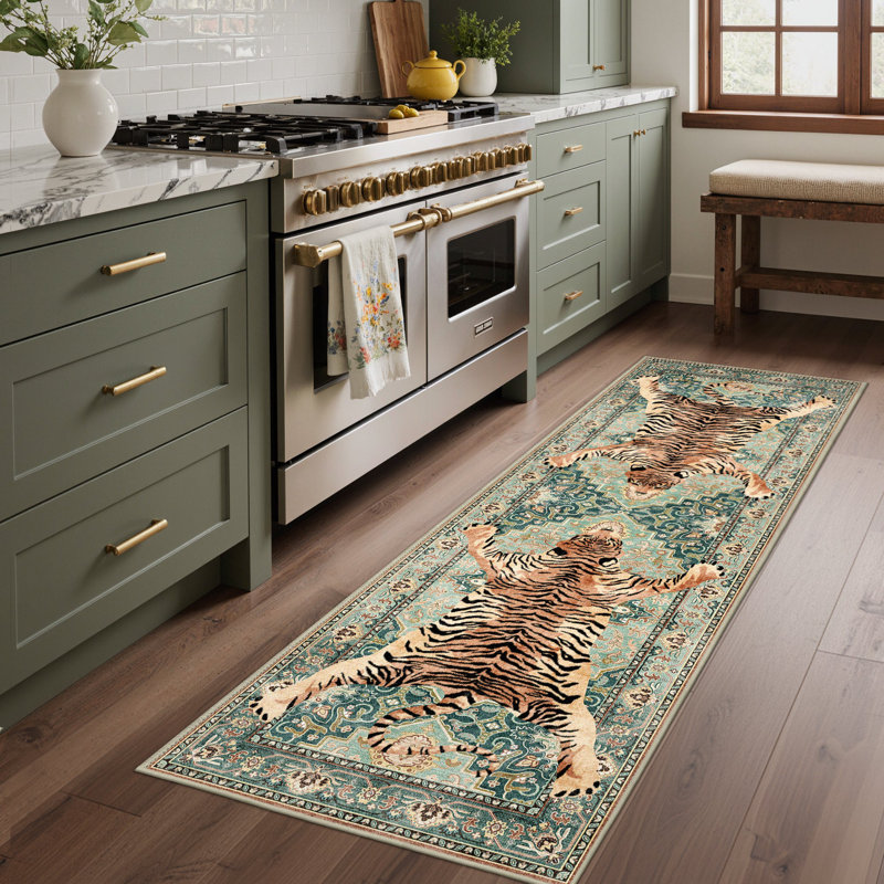 Veatrice Zephyr Tiger Print Turquoise Machine Washable Non-Slip Area Rug, Runner 2' x 6'