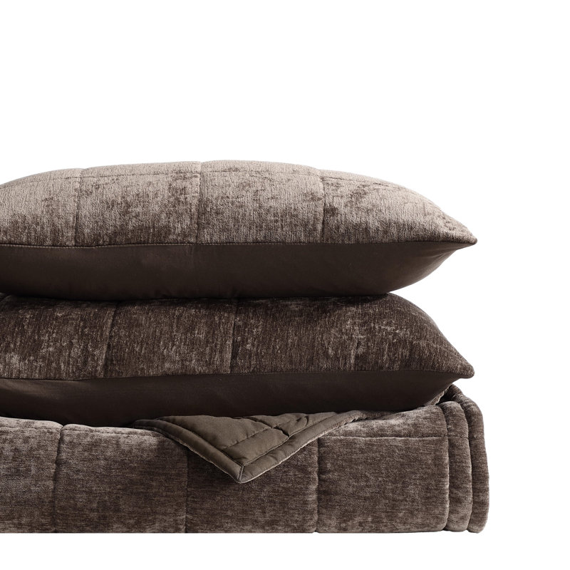 Vera Wang Chenille Box Solid Reversible Quilt Set, King Quilt + 2 King Pillowcases, Chocolate Brown