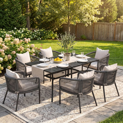 Brookstonval 6-Person Patio Dining Set with 60" Rectangular Dining Table and 6 Cushined PE Rattan Dining Chairs