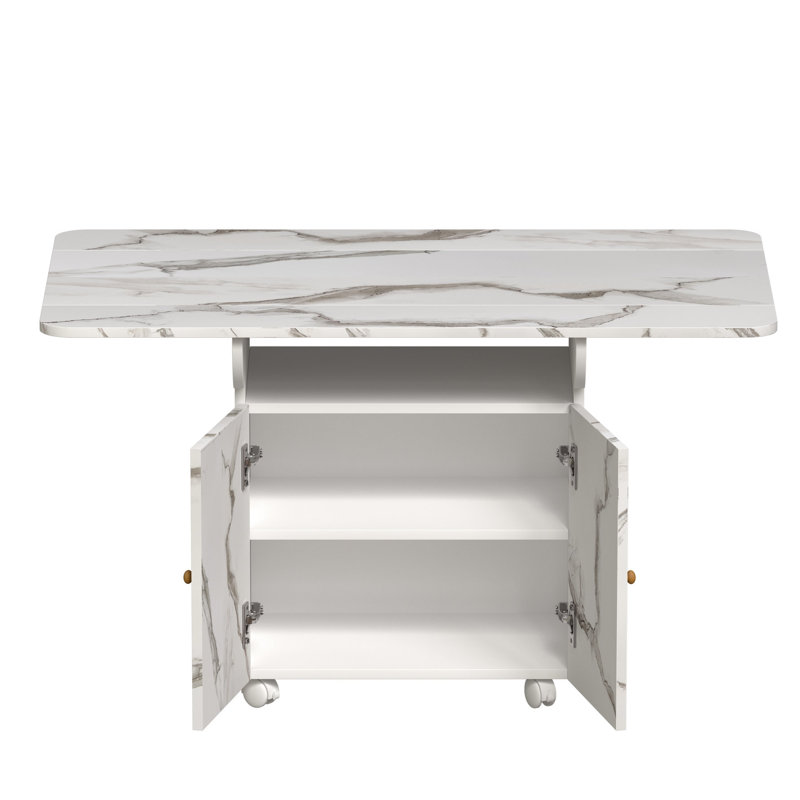 Table pliante de 47 po avec armoire de rangement en marbre blanc, polyvalente pour îlot de cuisine, table basse, tiroirs de couleur latérale, couloir mobile