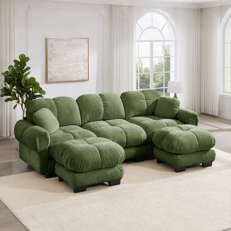 Ensemble de canapé modulaire en chenille 3 places avec coussins et 2 repose-pieds, vert sauge, 2 repose-pieds, Vert sauge