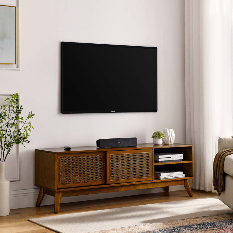59 Inch Mid Century Modern Rattan TV Stand For 65 Inch TV, Brown Ebony