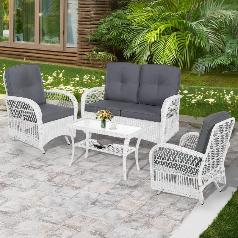 Dovecove 4-piece Outdoor Patio White Wicker Conversation Sets, All Weather Rattan Furniture Set Includes Glider Loveseat, Coffee Table, 2 Glider Rocker Chairs W/cushion For Lawn Balcony