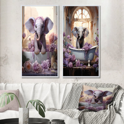 Lavande Splish Splash veau dans la baignoire - ensemble de 2 reproductions d'art sur toile