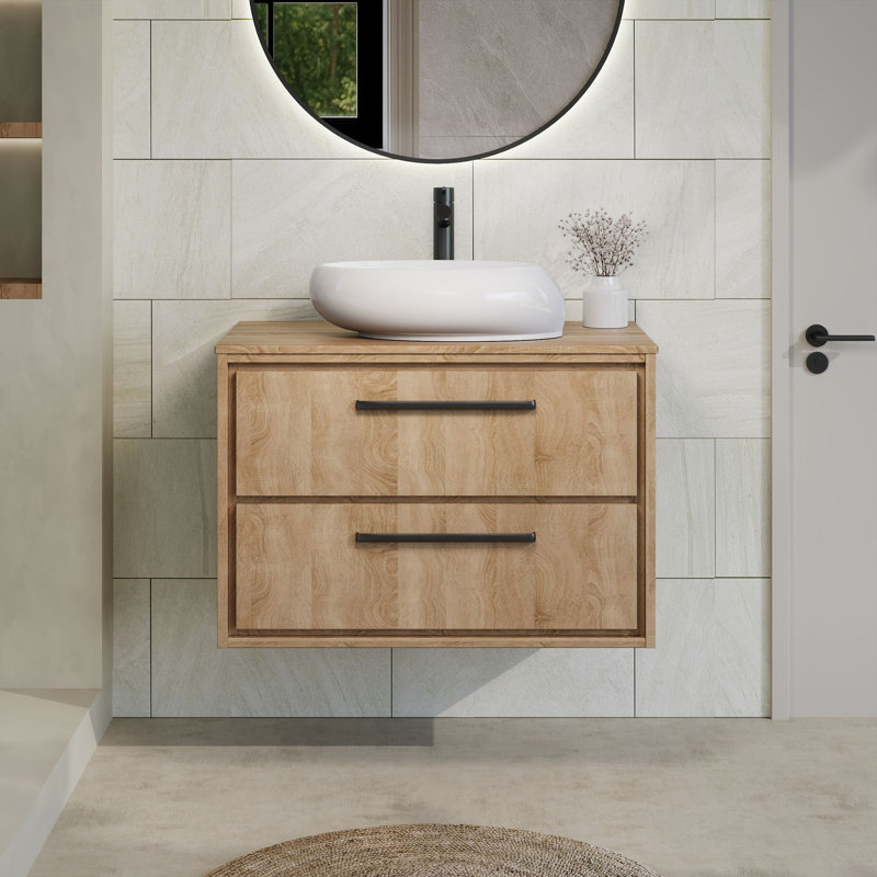 Hudson Reed Lille 800mm Antique Oak 2 Drawer Wall Hung Vanity Unit With Co-ordinating Worktop, Bleached Oak
