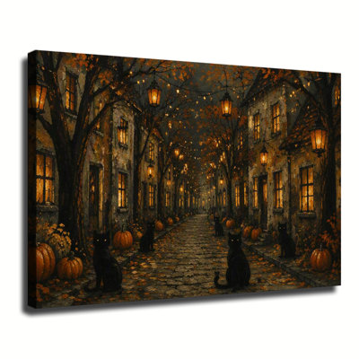 Cozy Old Town Street avec chats noirs, citrouilles et lanternes chaudes, art rétro sur toile Halloween d'automne