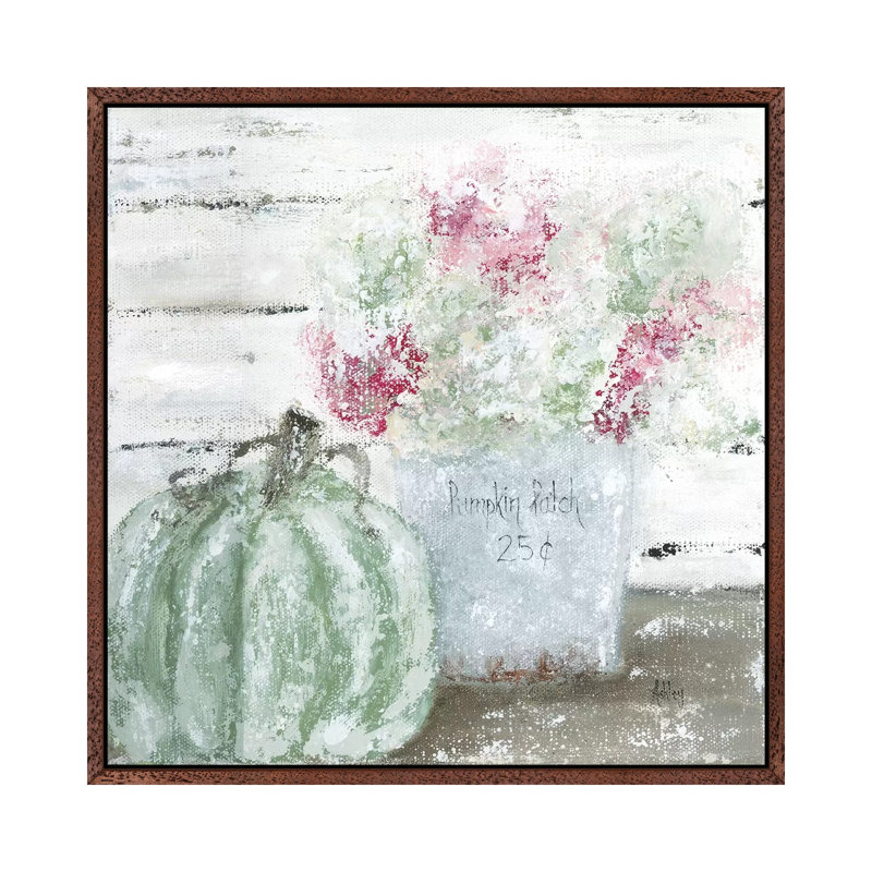 Green Pumpkin Floral by Ashley Bradley - Print on Canvas, 66.04 cm H x 66.04 cm W, Classic Brown Wood Framed