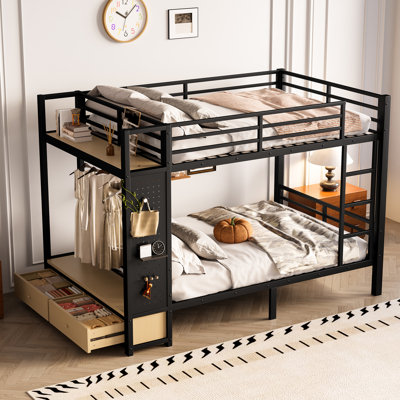 Lit superposé double au-dessus de double, lit superposé en métal avec tablette et garde-corps, lits superposés complets avec tiroirs de rangement et crochets à vêtements pour enfants, adolescents et adultes (noir)