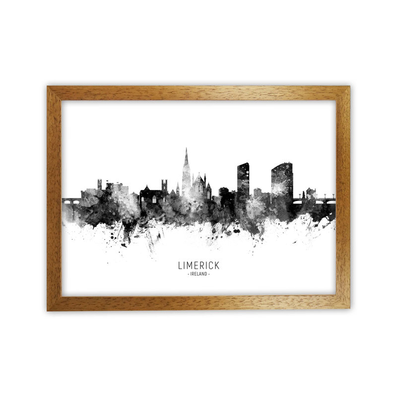 Limerick Ireland Skyline Black White City Name by Michael Tompsett - Print, 46cm H x 63cm W x 3cm D, Brown Framed