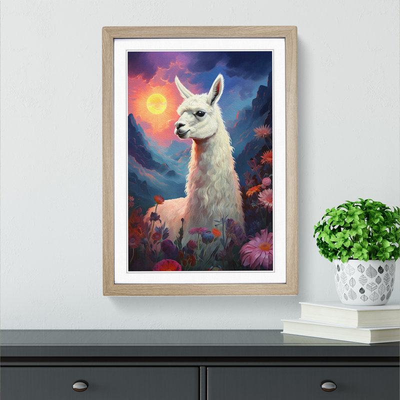Llama Romanticism No.2 - Single Picture Frame Print on Wood, Oak Framed, 46cm H x 34cm W x 2cm D