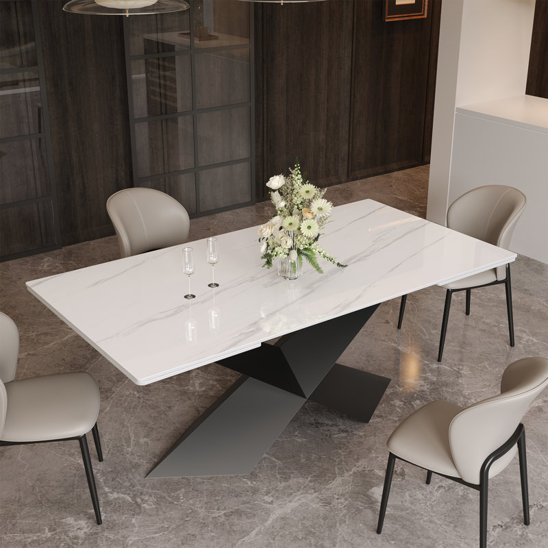  Table de salle à manger à rallonge 63-95 "moderne pour table de cuisine rectangulaire en fritté blanc brillant 4-10, table de cuisine avec pieds en acier noir en forme de X