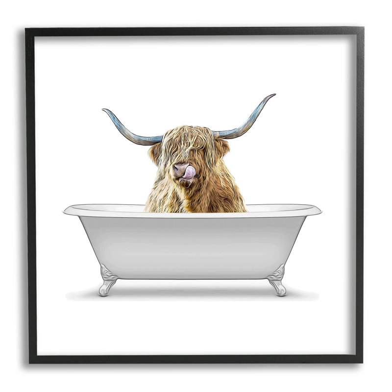 «Highland Cow Farmhouse Bathroom» par Annalisa Latella - impression sur bois, Giclée encadrée noir minuit
