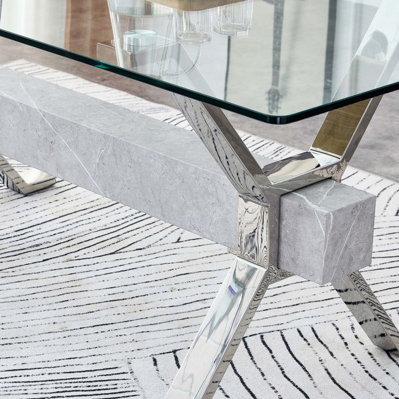 Table de salle à manger en verre trempé (table seulement), Argent argent