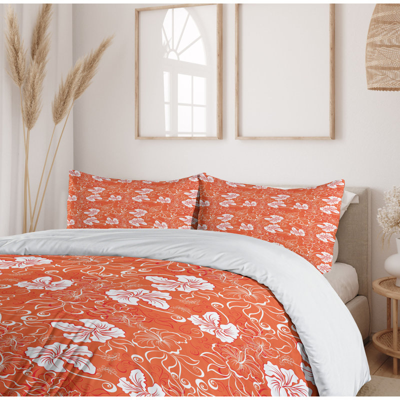 Orange and White Hawaiian Pattern Queen Duvet Cover Set