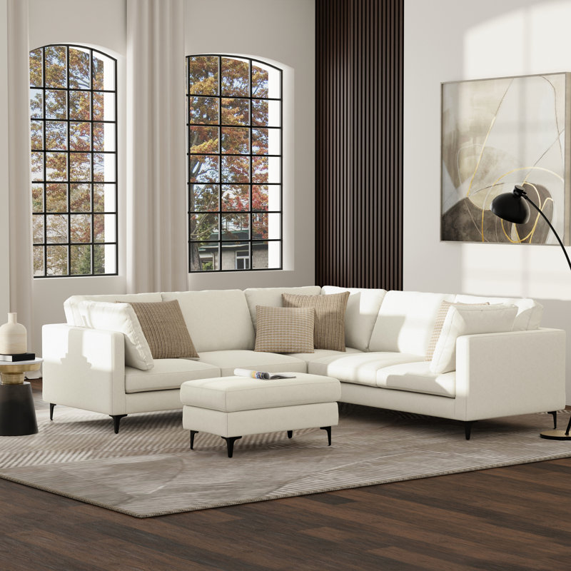 Ita Large Mid Century Corner Sectional, L-Shaped Sofa with Performance Fabric and Reversible Cushions, Cream