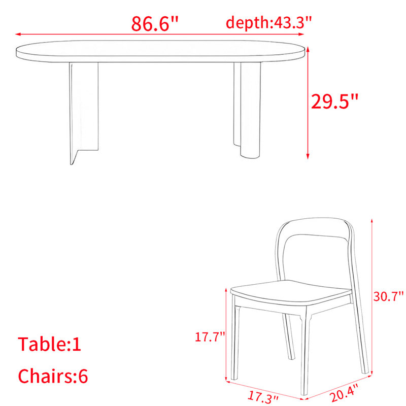 Chinese retro style oval dining table set, 29.5"H x 86.6"L x 43.3"W