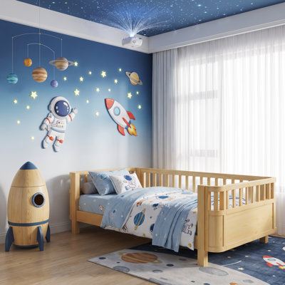 Lit plateforme simple en bois massif pour enfants certifié PCC, structure à profil bas avec garde-corps complets pour garçons et filles, aucun sommier tapissier requis, bois naturel