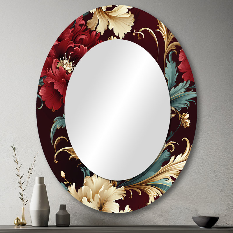 Roziya Victorian Renaissance Revival Victorian Pattern - Floral Large Wall Mirror, Red Unique Mirror, Printed Metal Art, Oval