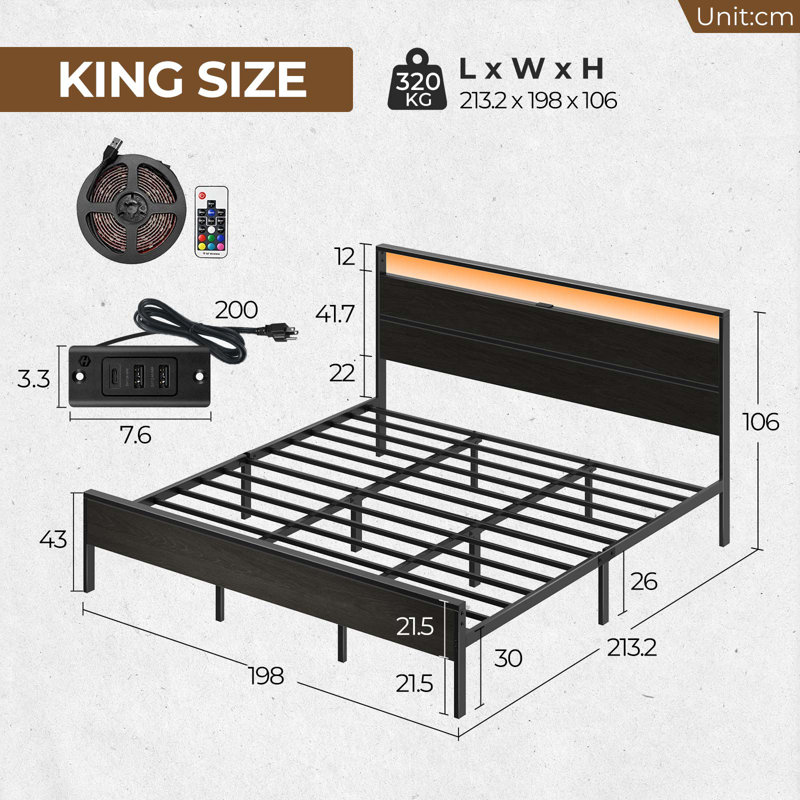 Deviana Metal Bed Frame with Headboard & Footboard and Charging Station, LED Light Included, King