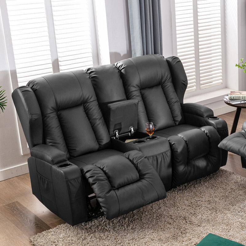 Causeuse de cinéma en faux cuir 66,9 po de largeur avec porte-gobelet, Noir