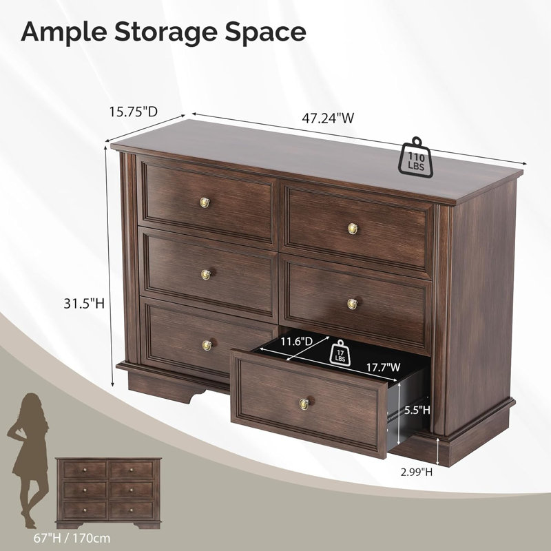 Commode à 6 tiroirs 47,7 po, Brun