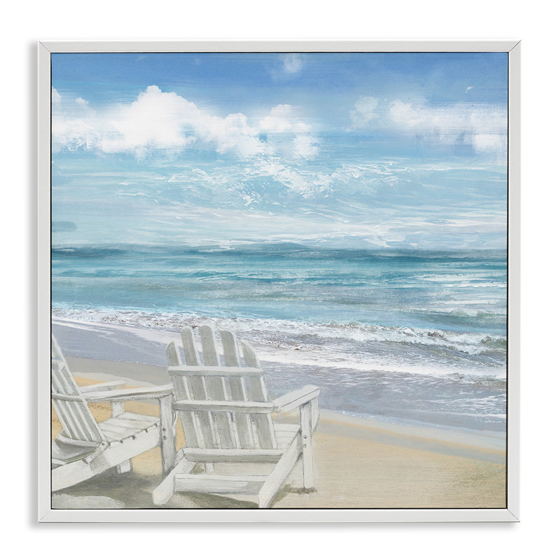 «Adirondack Chairs on the Beach», impression, H 17 po x l 17 po, Giclée encadrée blanc bord de mer