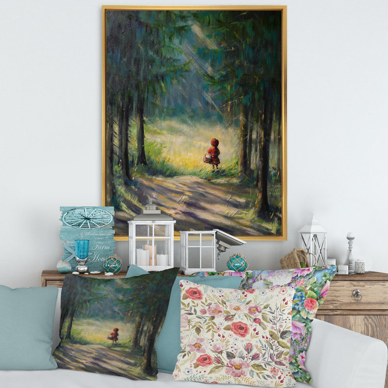 Petit chaperon rouge dans les bois - reproduction sur toile avec cadre flottant, H 40 po x l 30 po x 1,5 po, Doré