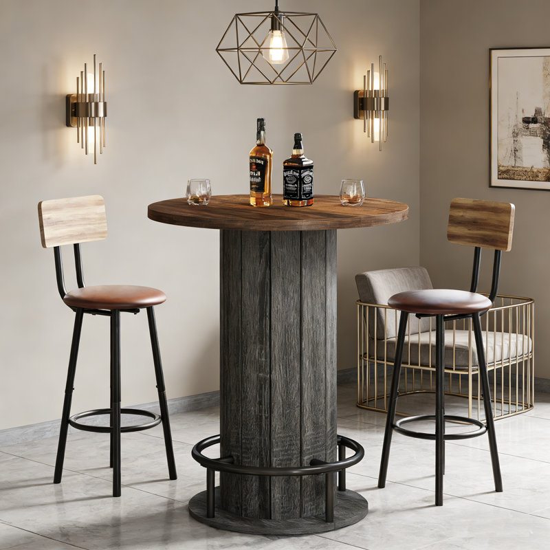 39.4" Bar Table, Round Bistro Pub Table with Metal Ring Footrest, Only Table, Brown/Gray