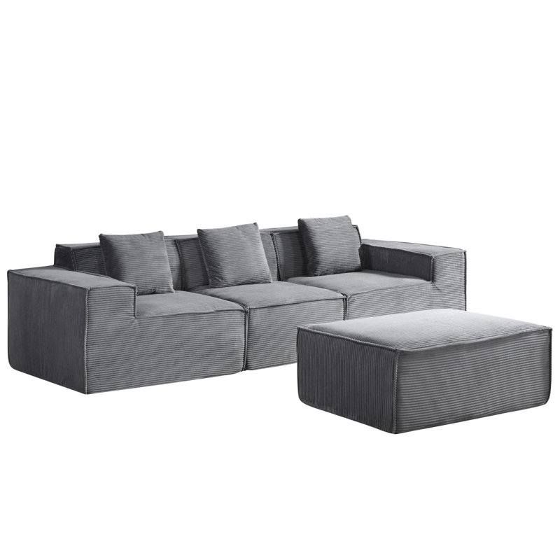 86'' L Shaped Couch With Armrest Organizer,3 Seats Sofas With Movable Ottoman,Comfy Sectional Sofa With Thick Cushion,Linen Sectional Couches For Living Room,Bedroom,Apartment,Dark Gray