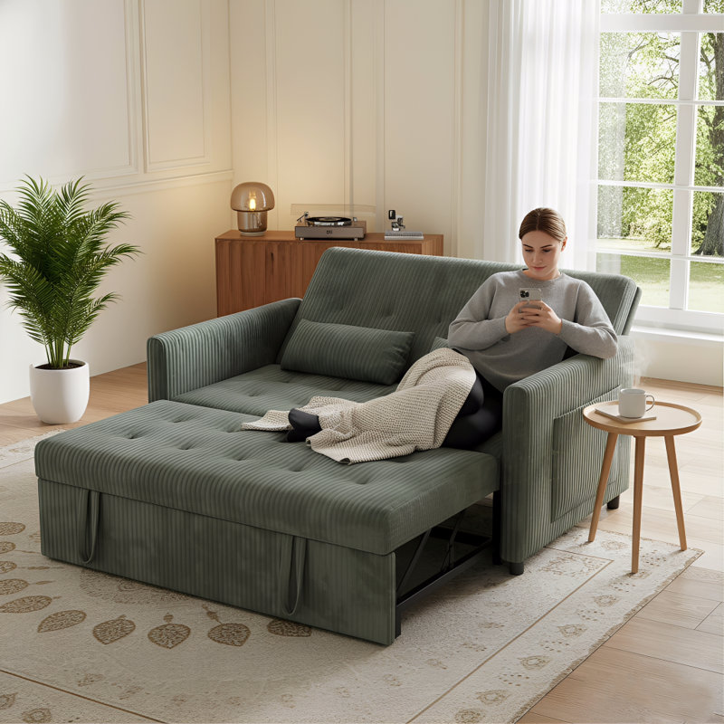 53" 3-in-1 Convertible Sleeper Sofa with Pull Out Bed, Pockets and USB, Small Loveseat Couch for Living Room Bedroom Apartment, Green