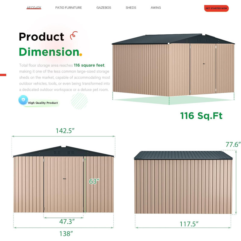 Tan 10' x 12' Metal Outdoor Storage Shed with Lockable Door