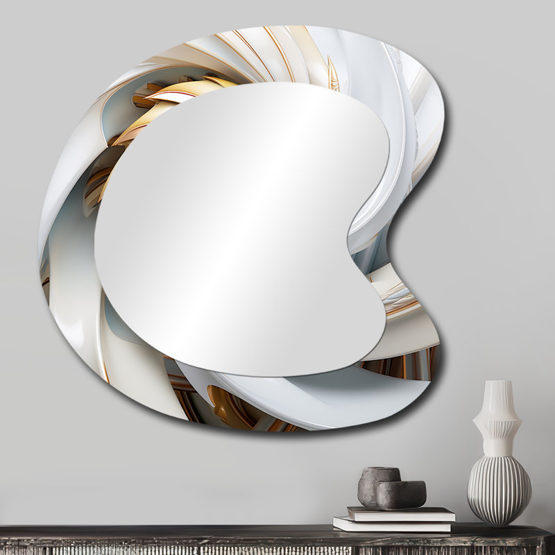 Whirling While Glam Fractals In Gold And White - Fractals Asymmetrical Mirror, Gold Unique Shape Decorative Wall Mirror, Printed Metal Art
