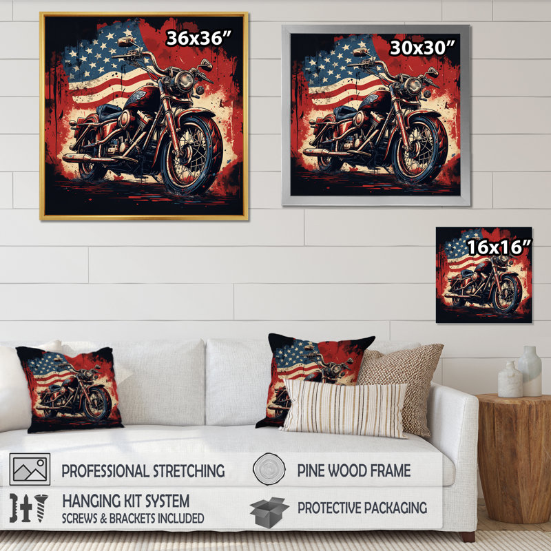 Red Blue Motorcycle American Flag Background - Transportation Wall Decor, Cadre simple argenté, H 16 po x l 16 po x P 1 po