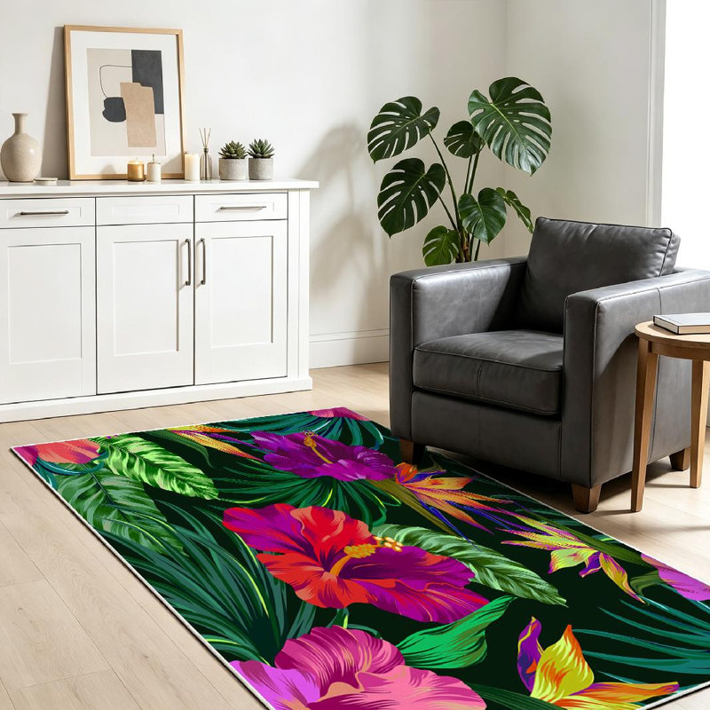 Pink Amazing Tropical Flowers Botanical Hibiscus Palm Bird Paradise File Machine Washable Indoor Area Rug