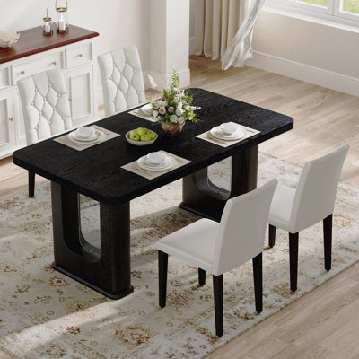 Table And Chair Set.64.5 X 35.4 Inch Stylish Black Wood Color Textured Dining Table.4-Pack White Pu Dining Chairs: Ergonomic Buckle Backrest.Exudes A Strong Sense Of Fashion.