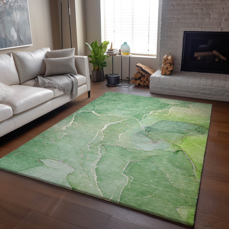 Premium Machine Washable Cerrito AMF511 Green Rug, Rectangle 3' x 5'