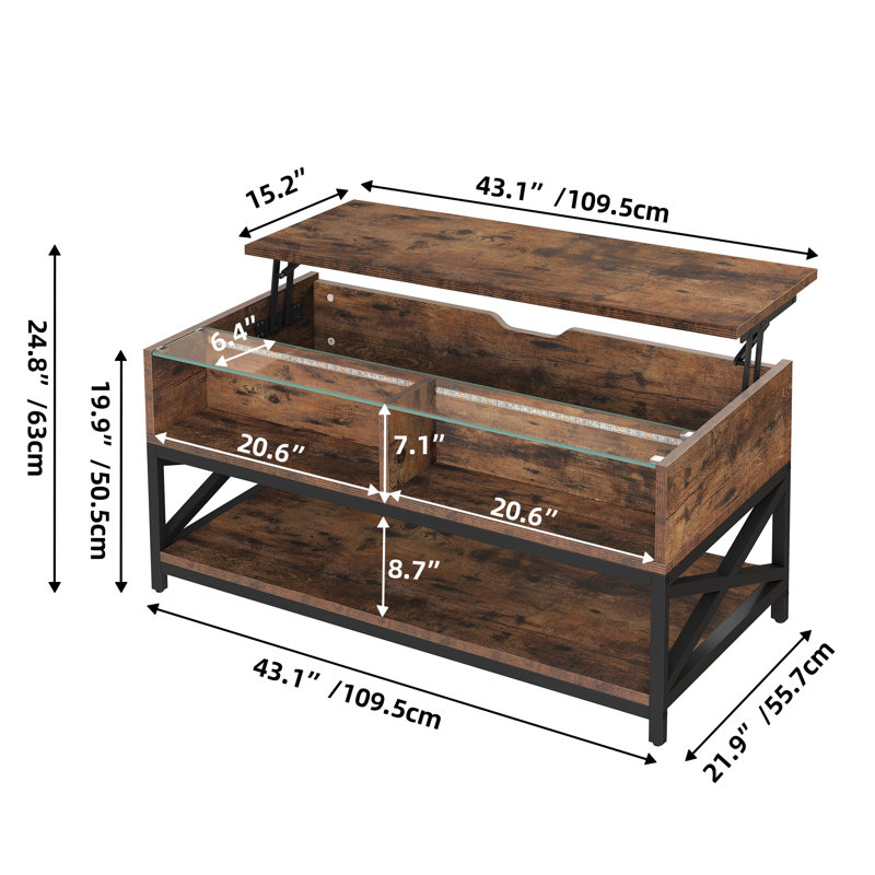 Abey Lift Top Tempered Glass Coffee Table with 2 Open Cabinets and Shelf, Brown/Black