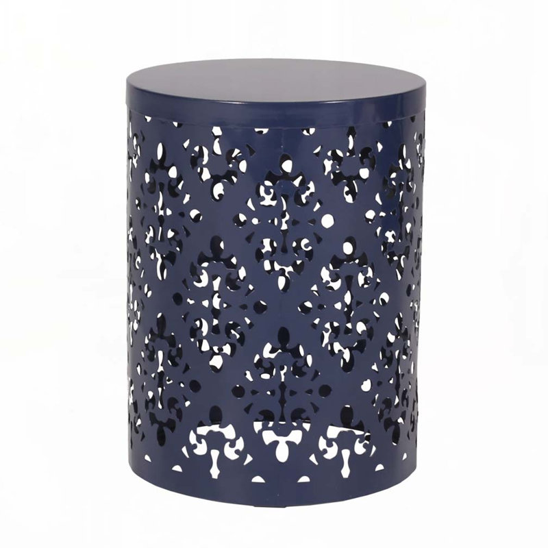 Patio End Table with Metal Frame,Round Top and Straight Cylindrical Shape, Navy Blue