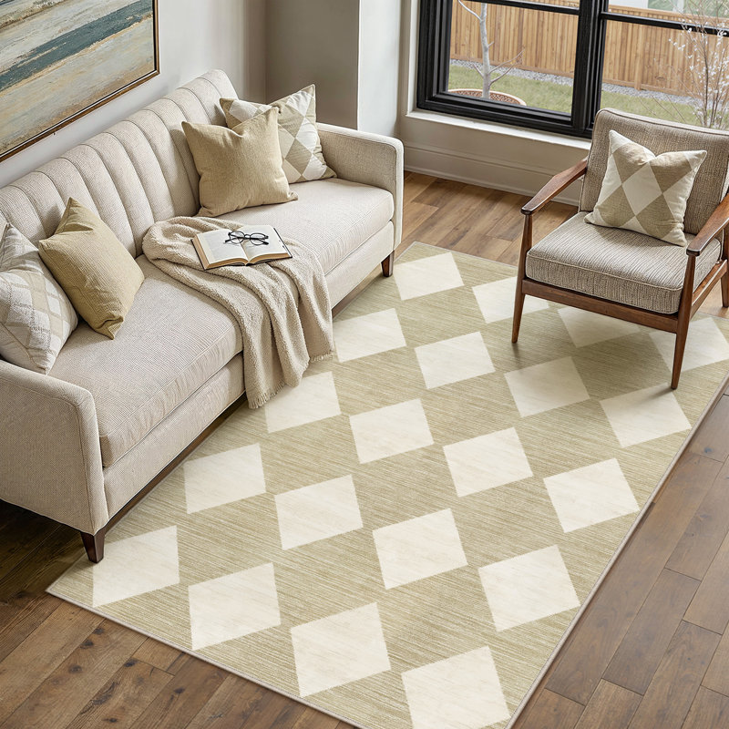 Tapis beige à motif géométrique moderne avec envers antidérapant Miles, Rectangle 3' x 5'