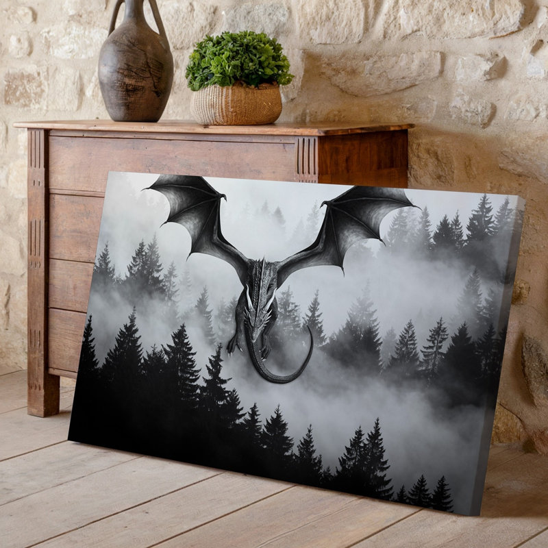 Toile, art dramatique noir et blanc mettant en vedette un majestueux dragon, art mural sur une forêt dense, H 30 po x l 40 po