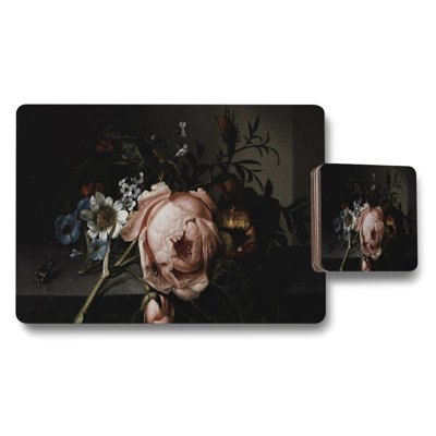 Floral Still Life Placemat And Coaster Set With Vintage Flower Design