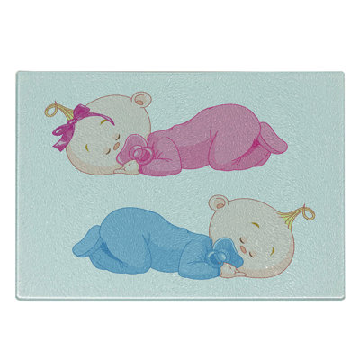 Caricature de planche à découper Ambesonne en verre trempé Little Twins en pyjama rose bleu