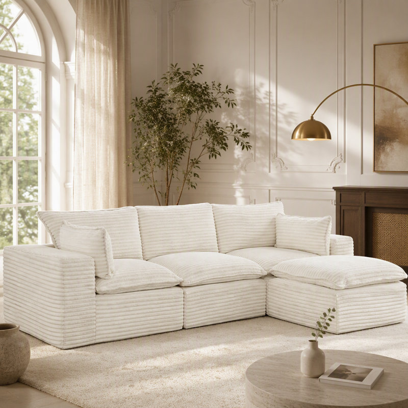 Canapé d'angle modulaire en velours côtelé de 278 cm (109,4 po), canapé infonuagique avec pouf, sans assemblage