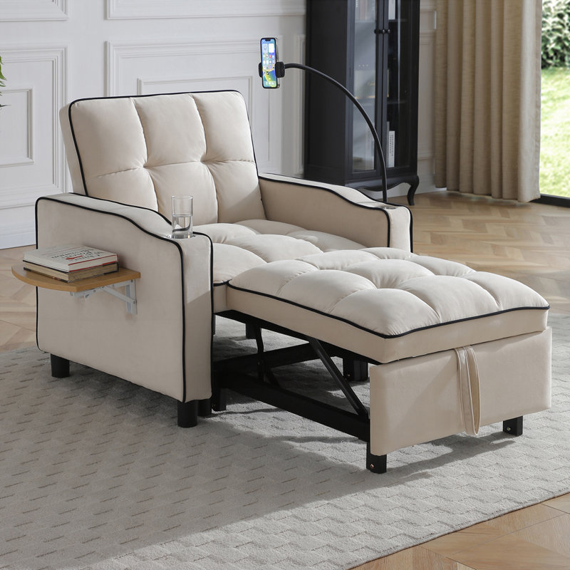 Fauteuil-lit convertible en velours, fauteuil-lit coulissant réglable avec porte-gobelet, Velours beige