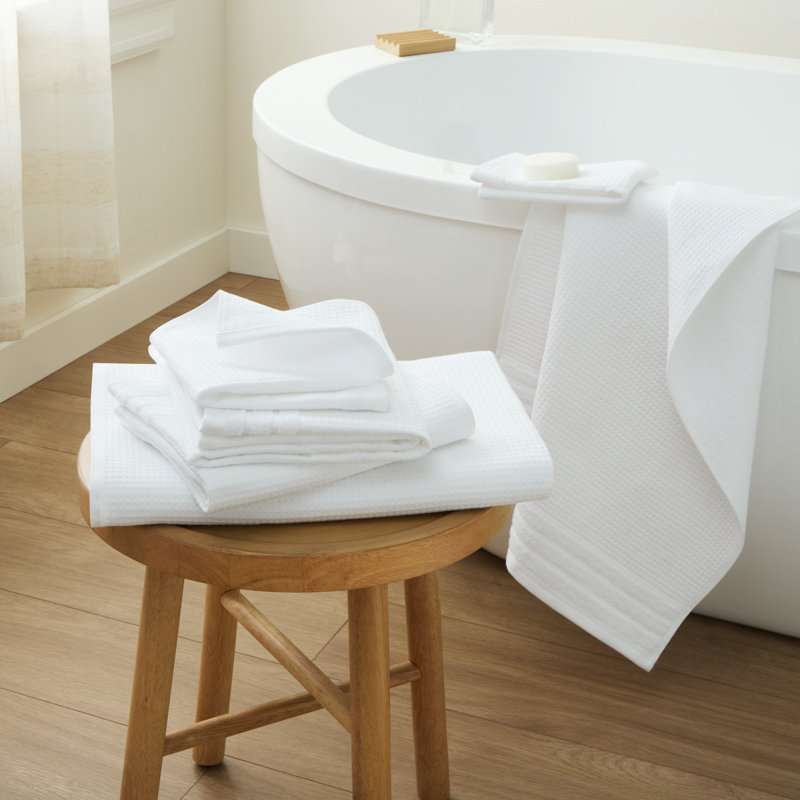 TOWN & COUNTRY BASICS 6-Piece Assorted Waffle Woven Terry Stripe Set, 2 Bath, 2 Hand, 2 Wash, 100% Cotton, Quick Dry, White