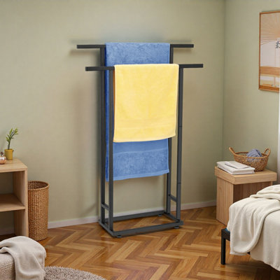 Tall Bathroom Ladder Shelf | 2-Tier Standing Towel Rack for Pool & Bath Towels, Space-Saving Storage for Indoor & Outdoor Use, Durable Black Finish